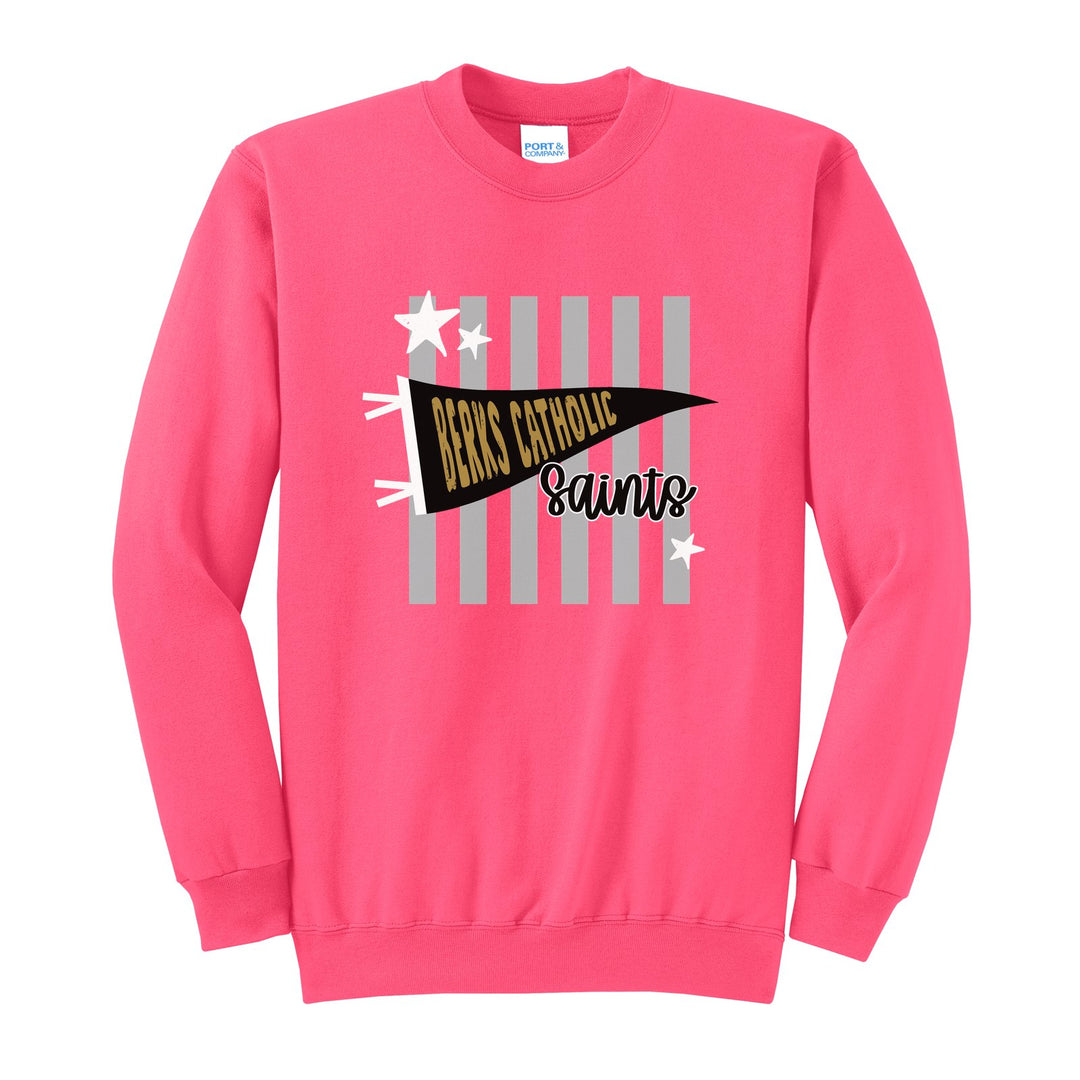 Berks Catholic Saints Pennant Stripes crewneck sweatshirt in Neon Pink: a Berks Catholic pennant and Saints script over grey stripes and stars
