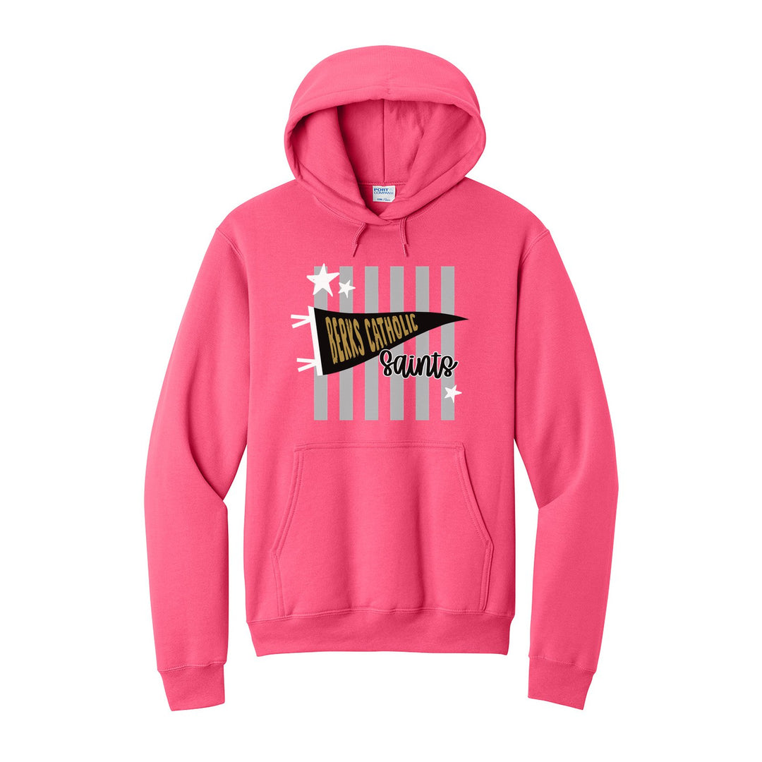 Berks Catholic Saints Pennant Stripes hoodie in Neon Pink: a Berks Catholic pennant and Saints script over grey stripes and stars