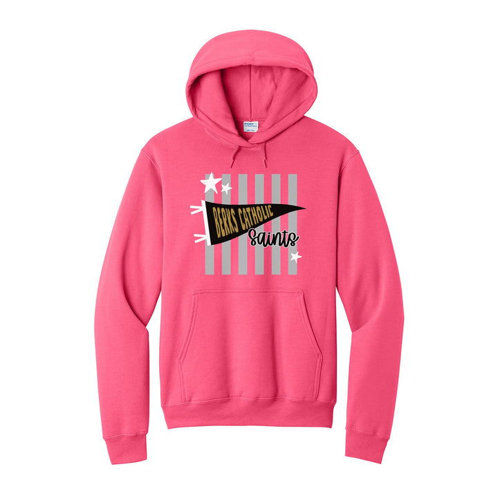 Berks Catholic Saints Pennant Stripes hoodie in Neon Pink: a Berks Catholic pennant and Saints script over grey stripes and stars