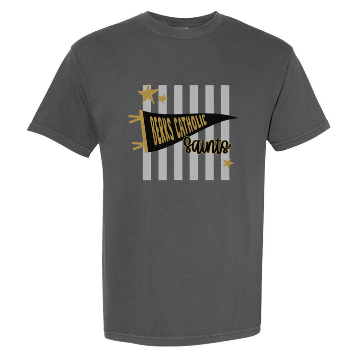 Berks Catholic Saints Pennant Stripes comfort colors t-shirt in Pepper: a Berks Catholic pennant and Saints script over grey stripes and stars