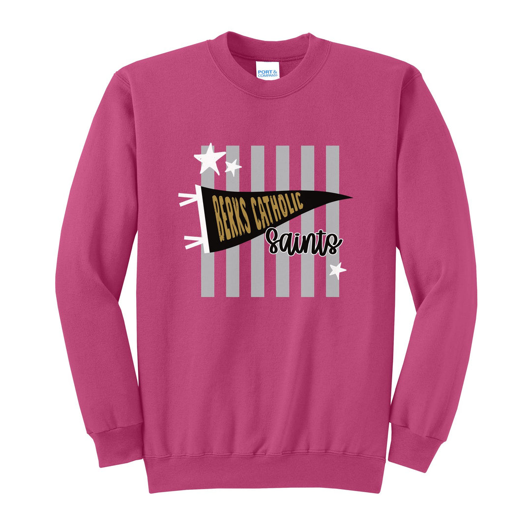 Berks Catholic Saints Pennant Stripes crewneck sweatshirt in Sangria: a Berks Catholic pennant and Saints script over grey stripes and stars