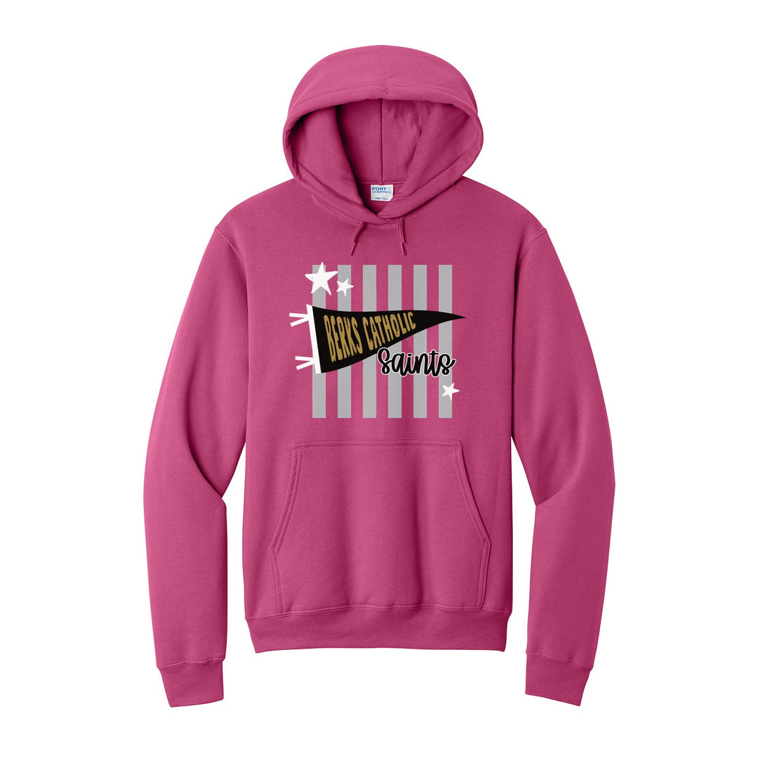 Berks Catholic Saints Pennant Stripes hoodie in Sangria: a Berks Catholic pennant and Saints script over grey stripes and stars