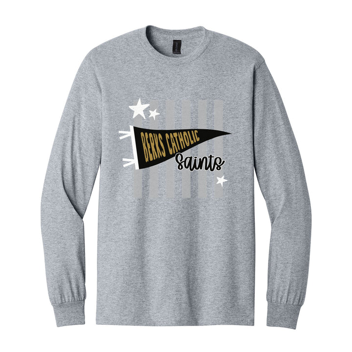 Berks Catholic Saints Pennant Stripes long sleeve t-shirt in Sport Grey: a Berks Catholic pennant and Saints script over grey stripes and stars