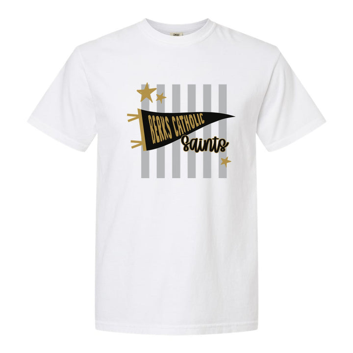Berks Catholic Saints Pennant Stripes comfort colors t-shirt in White: a Berks Catholic pennant and Saints script over grey stripes and stars