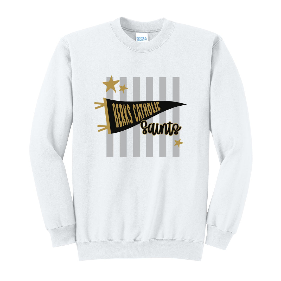 Berks Catholic Saints Pennant Stripes crewneck sweatshirt in White: a Berks Catholic pennant and Saints script over grey stripes and stars