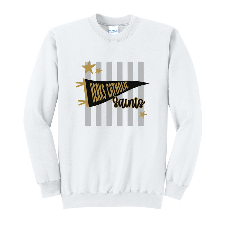 Berks Catholic Saints Pennant Stripes crewneck sweatshirt in White: a Berks Catholic pennant and Saints script over grey stripes and stars