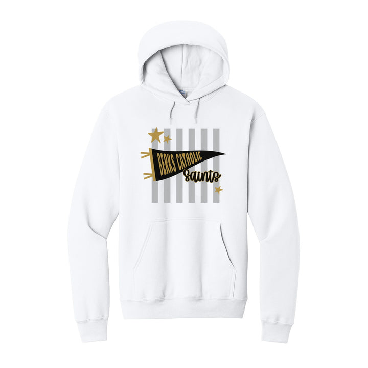 Berks Catholic Saints Pennant Stripes hoodie in White: a Berks Catholic pennant and Saints script over grey stripes and stars