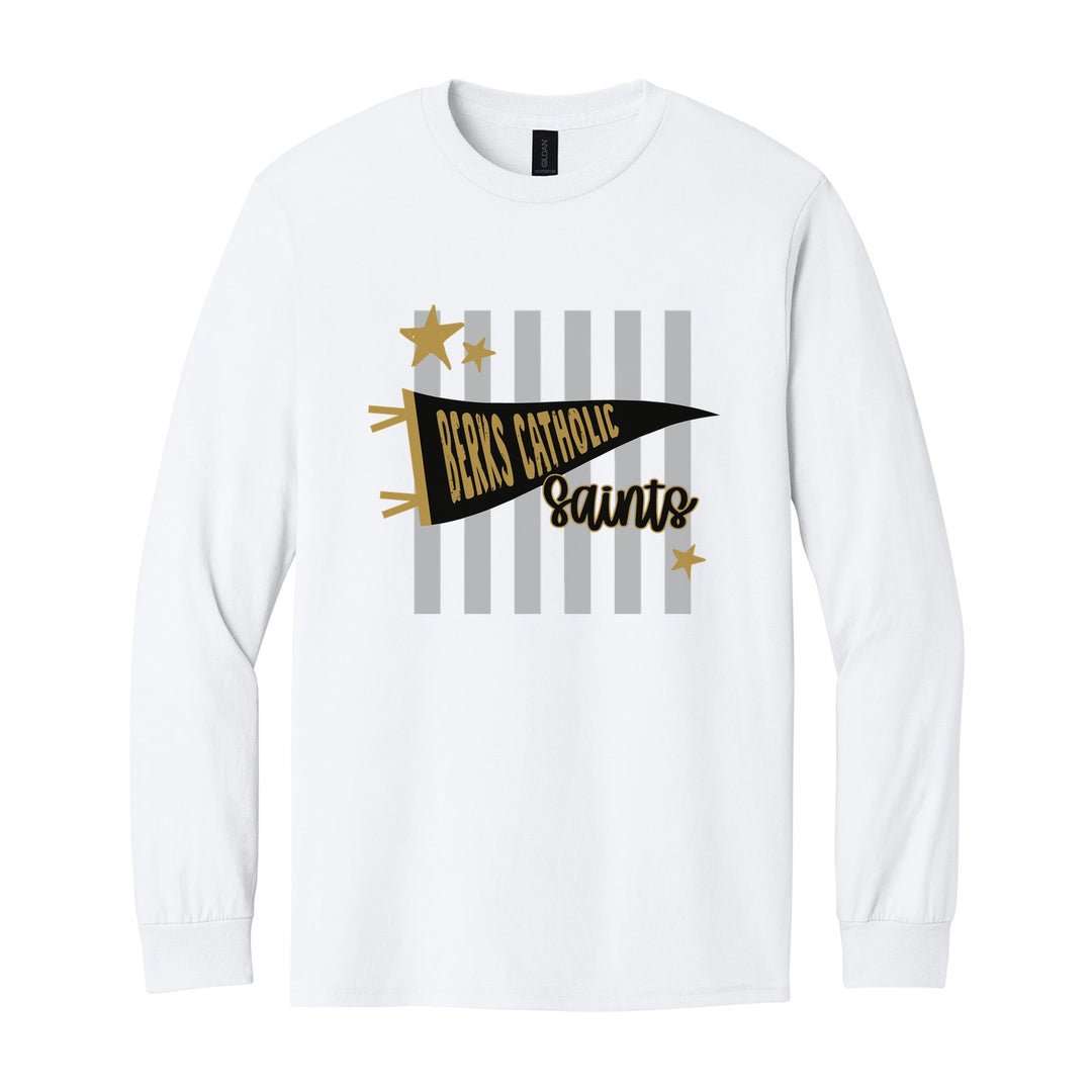 Berks Catholic Saints Pennant Stripes long sleeve t-shirt in White: a Berks Catholic pennant and Saints script over grey stripes and stars