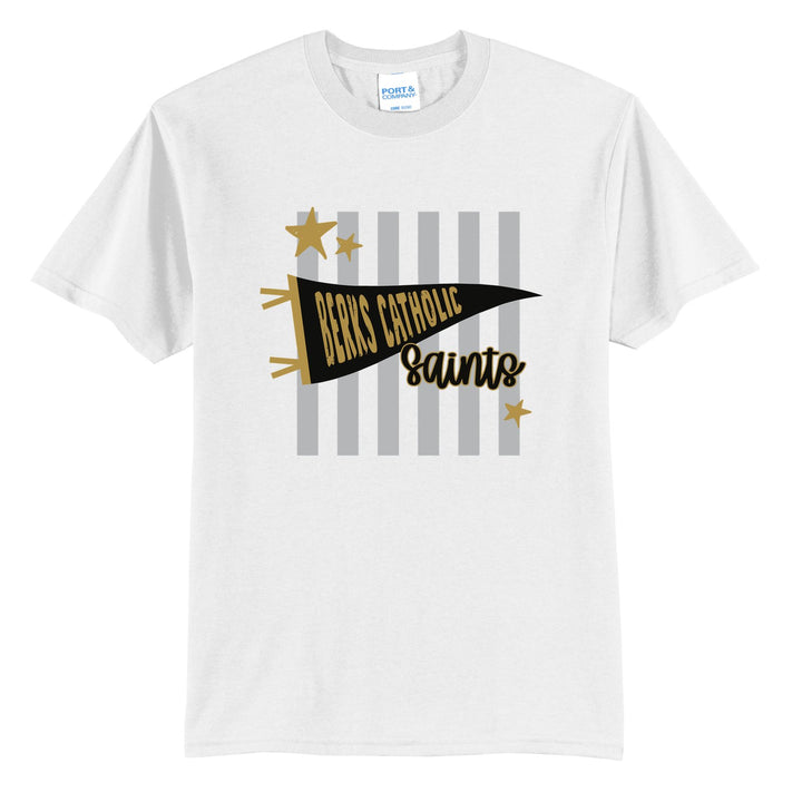 Berks Catholic Saints Pennant Stripes t-shirt in White: a Berks Catholic pennant and Saints script over grey stripes and stars