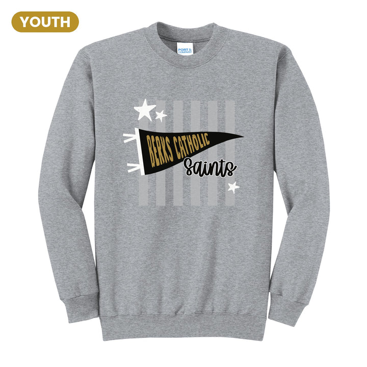 Berks Catholic Saints Pennant Stripes youth crewneck sweatshirt in Athletic Heather: a Berks Catholic pennant and Saints script over grey stripes and stars