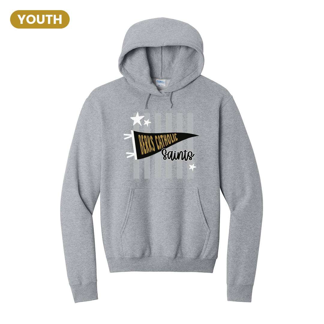 Berks Catholic Saints Pennant Stripes youth hoodie in Athletic Heather: a Berks Catholic pennant and Saints script over grey stripes and stars