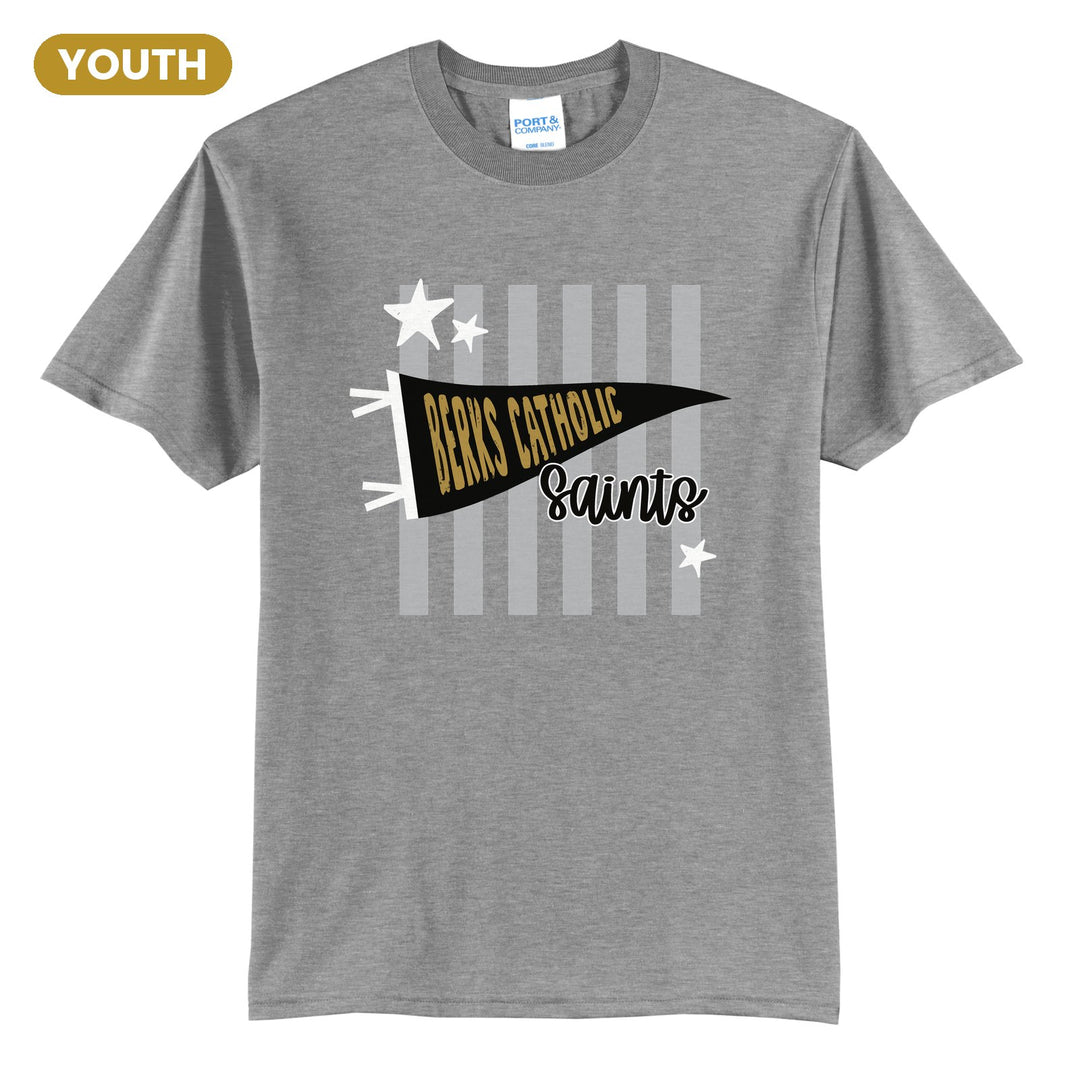Berks Catholic Saints Pennant Stripes youth t-shirt in Athletic Heather: a Berks Catholic pennant and Saints script over grey stripes and stars