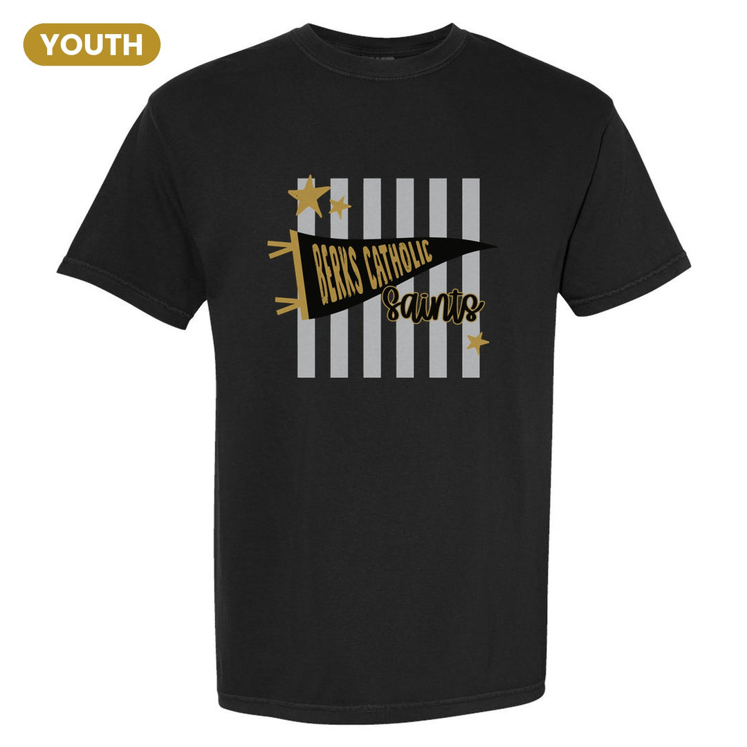 Berks Catholic Saints Pennant Stripes youth comfort colors t-shirt in Black: a Berks Catholic pennant and Saints script over grey stripes and stars
