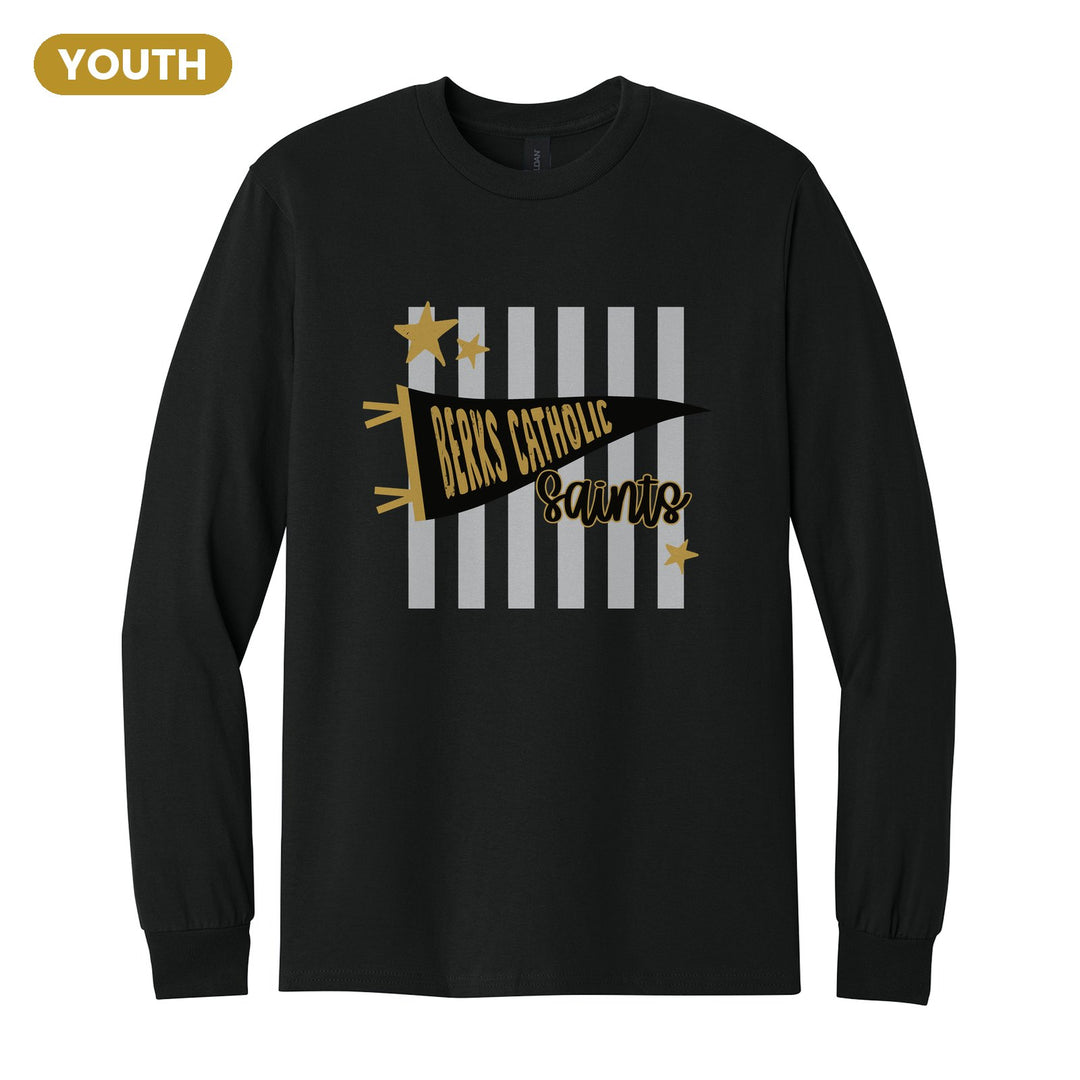 Berks Catholic Saints Pennant Stripes youth long sleeve t-shirt in Black: a Berks Catholic pennant and Saints script over grey stripes and stars