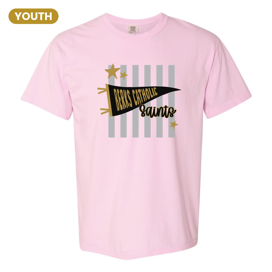 Berks Catholic Saints Pennant Stripes youth comfort colors t-shirt in Blossom: a Berks Catholic pennant and Saints script over grey stripes and stars