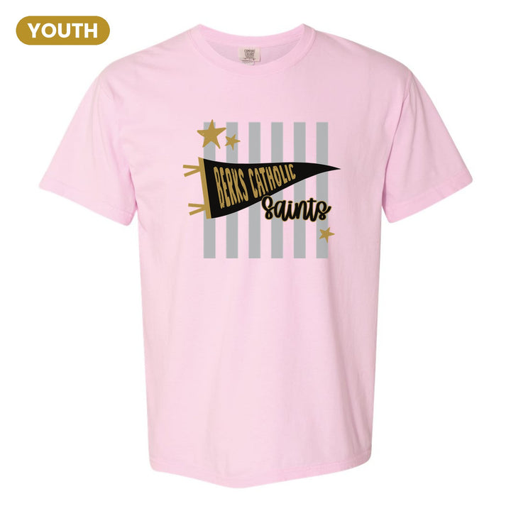 Berks Catholic Saints Pennant Stripes youth comfort colors t-shirt in Blossom: a Berks Catholic pennant and Saints script over grey stripes and stars