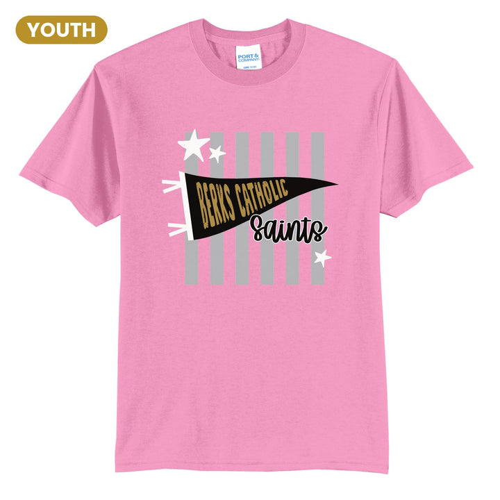 Berks Catholic Saints Pennant Stripes youth t-shirt in Candy Pink: a Berks Catholic pennant and Saints script over grey stripes and stars