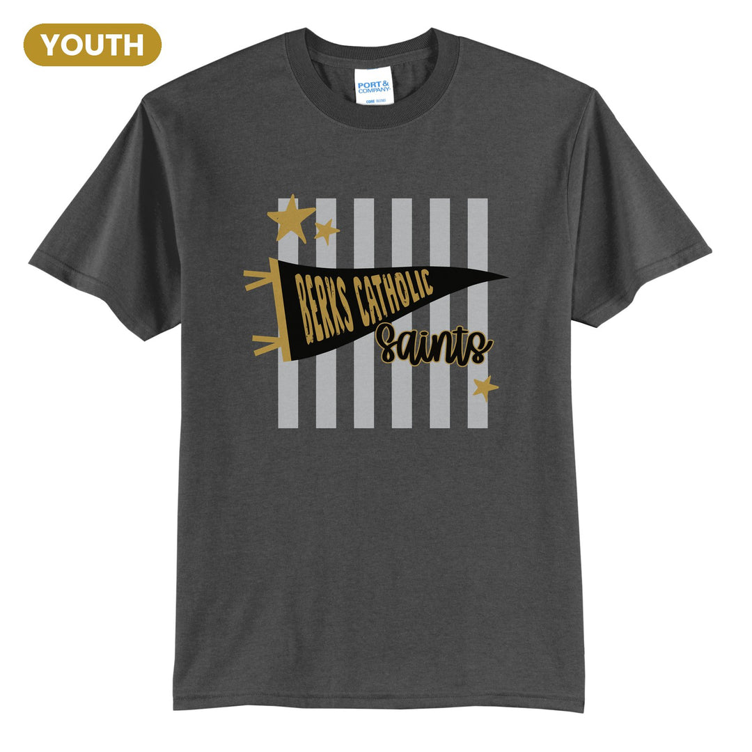 Berks Catholic Saints Pennant Stripes youth t-shirt in Charcoal: a Berks Catholic pennant and Saints script over grey stripes and stars