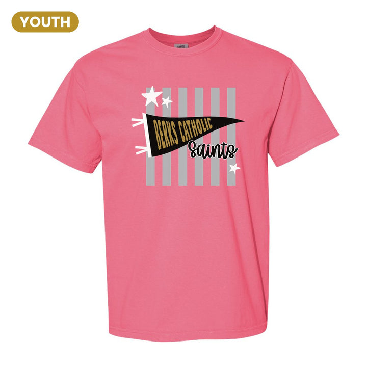 Berks Catholic Saints Pennant Stripes youth comfort colors t-shirt in Crunchberry: a Berks Catholic pennant and Saints script over grey stripes and stars