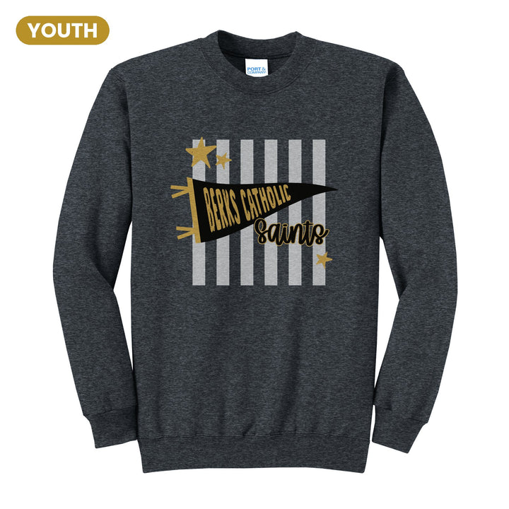 Berks Catholic Saints Pennant Stripes youth crewneck sweatshirt in Dark Heather Grey: a Berks Catholic pennant and Saints script over grey stripes and stars