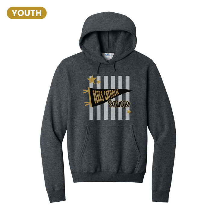 Berks Catholic Saints Pennant Stripes youth hoodie in Dark Heather Grey: a Berks Catholic pennant and Saints script over grey stripes and stars