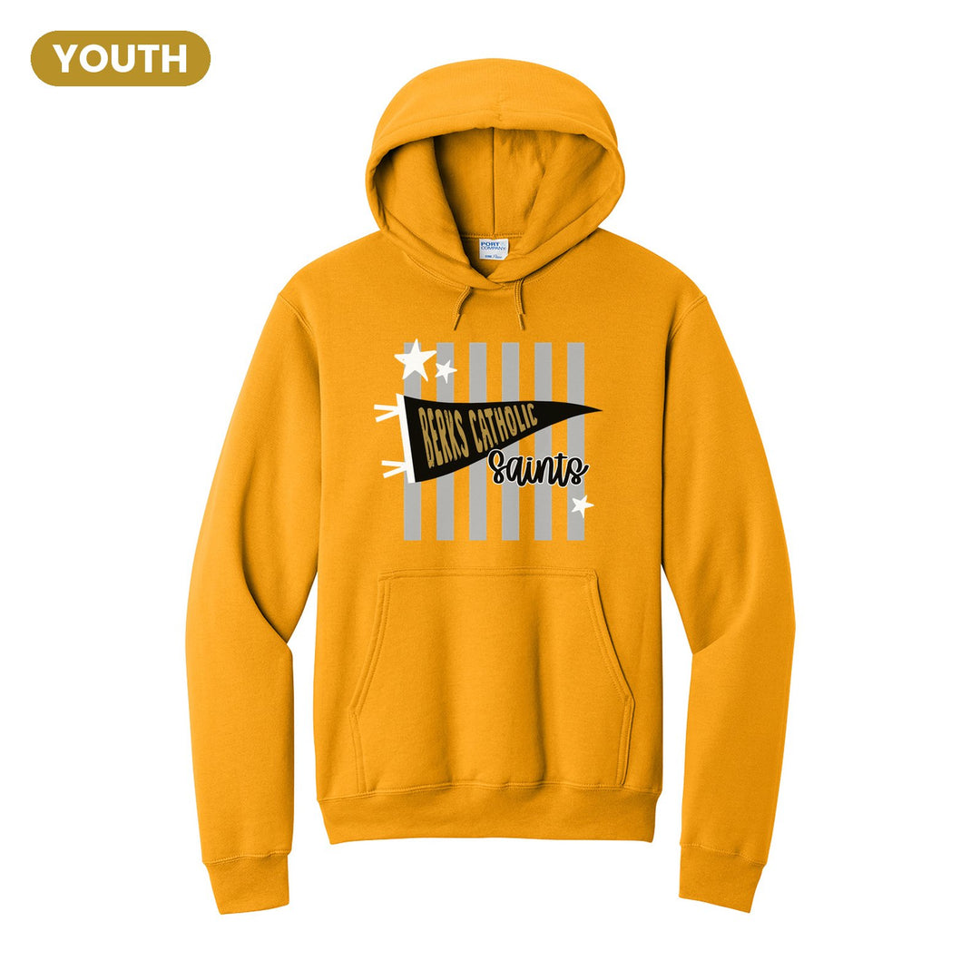 Berks Catholic Saints Pennant Stripes youth hoodie in Gold: a Berks Catholic pennant and Saints script over grey stripes and stars