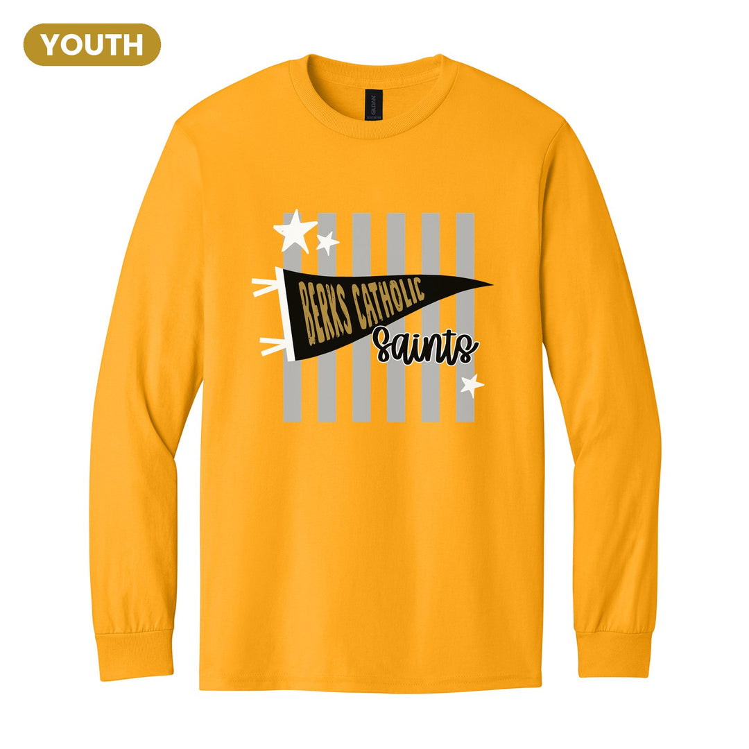 Berks Catholic Saints Pennant Stripes youth long sleeve t-shirt in Gold: a Berks Catholic pennant and Saints script over grey stripes and stars