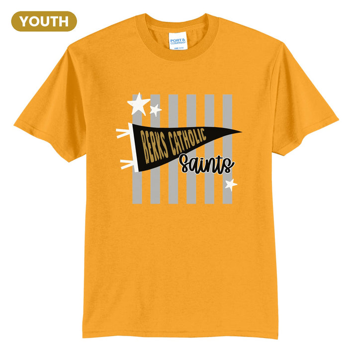 Berks Catholic Saints Pennant Stripes youth t-shirt in Gold: a Berks Catholic pennant and Saints script over grey stripes and stars