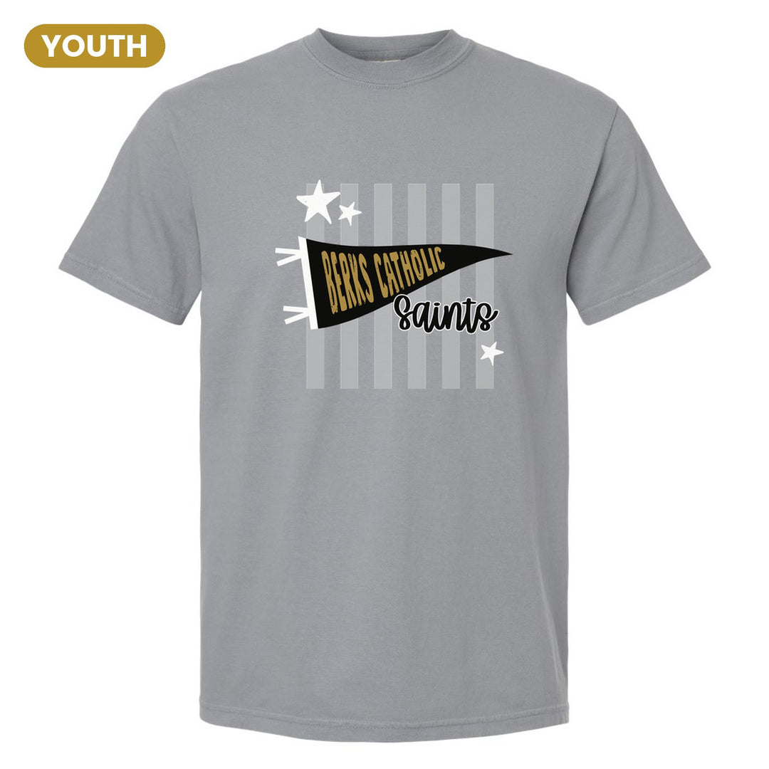 Berks Catholic Saints Pennant Stripes youth comfort colors t-shirt in Granite: a Berks Catholic pennant and Saints script over grey stripes and stars