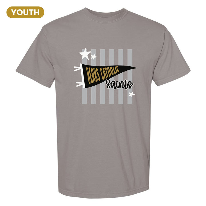 Berks Catholic Saints Pennant Stripes youth comfort colors t-shirt in Grey: a Berks Catholic pennant and Saints script over grey stripes and stars