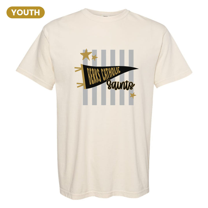 Berks Catholic Saints Pennant Stripes youth comfort colors t-shirt in Ivory: a Berks Catholic pennant and Saints script over grey stripes and stars