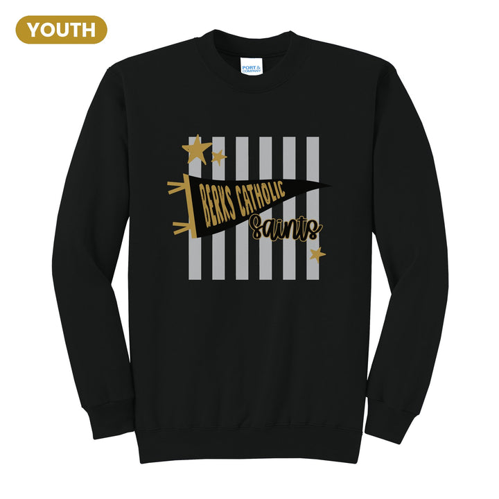 Berks Catholic Saints Pennant Stripes youth crewneck sweatshirt in Jet Black: a Berks Catholic pennant and Saints script over grey stripes and stars