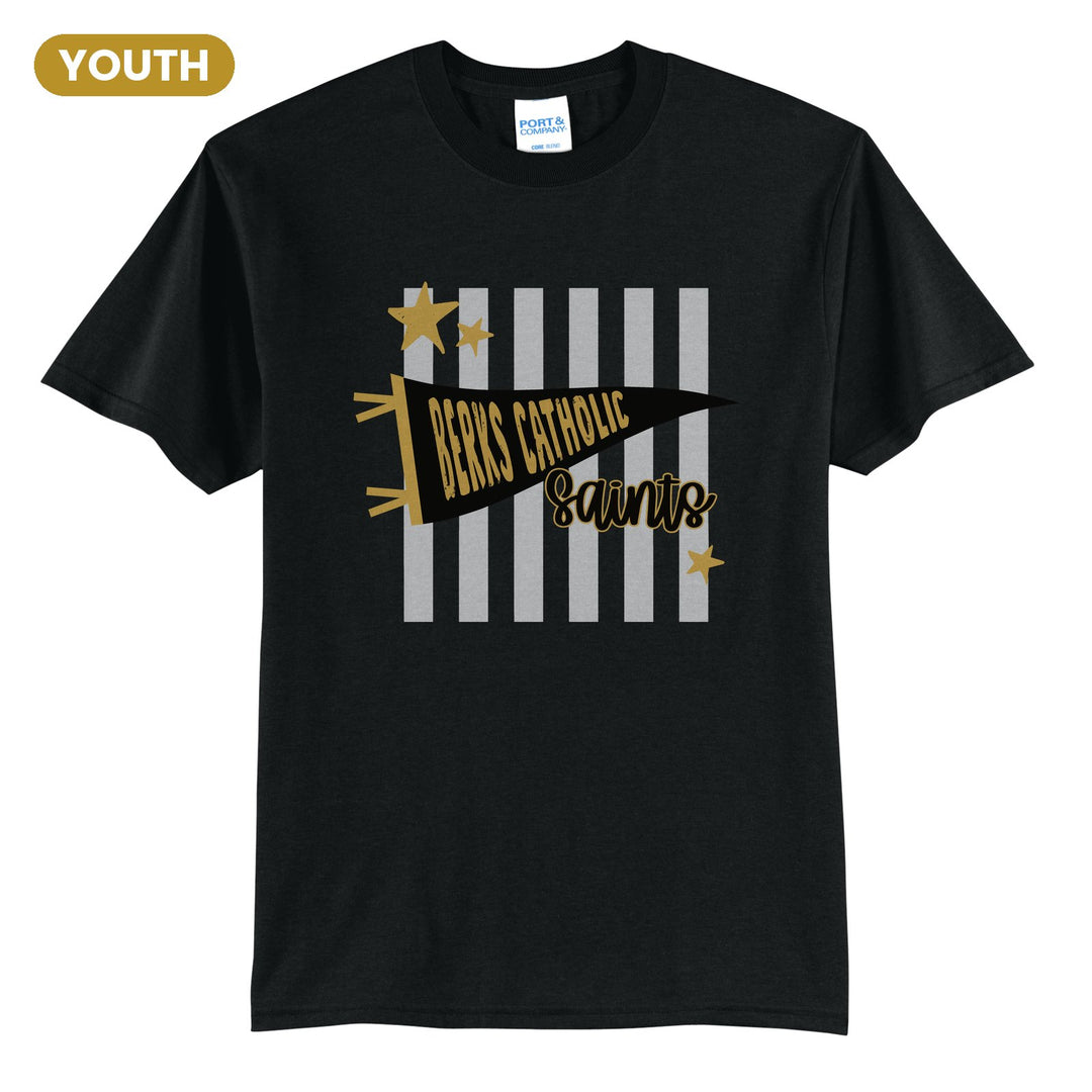 Berks Catholic Saints Pennant Stripes youth t-shirt in Jet Black: a Berks Catholic pennant and Saints script over grey stripes and stars