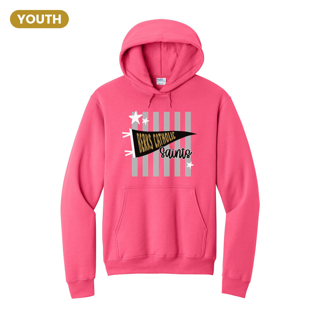Berks Catholic Saints Pennant Stripes youth hoodie in Neon Pink: a Berks Catholic pennant and Saints script over grey stripes and stars