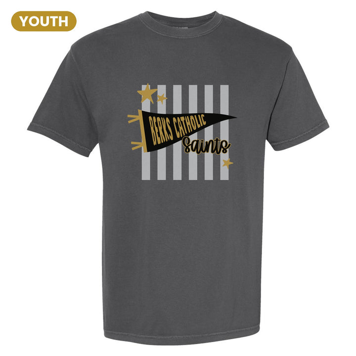 Berks Catholic Saints Pennant Stripes youth comfort colors t-shirt in Pepper: a Berks Catholic pennant and Saints script over grey stripes and stars