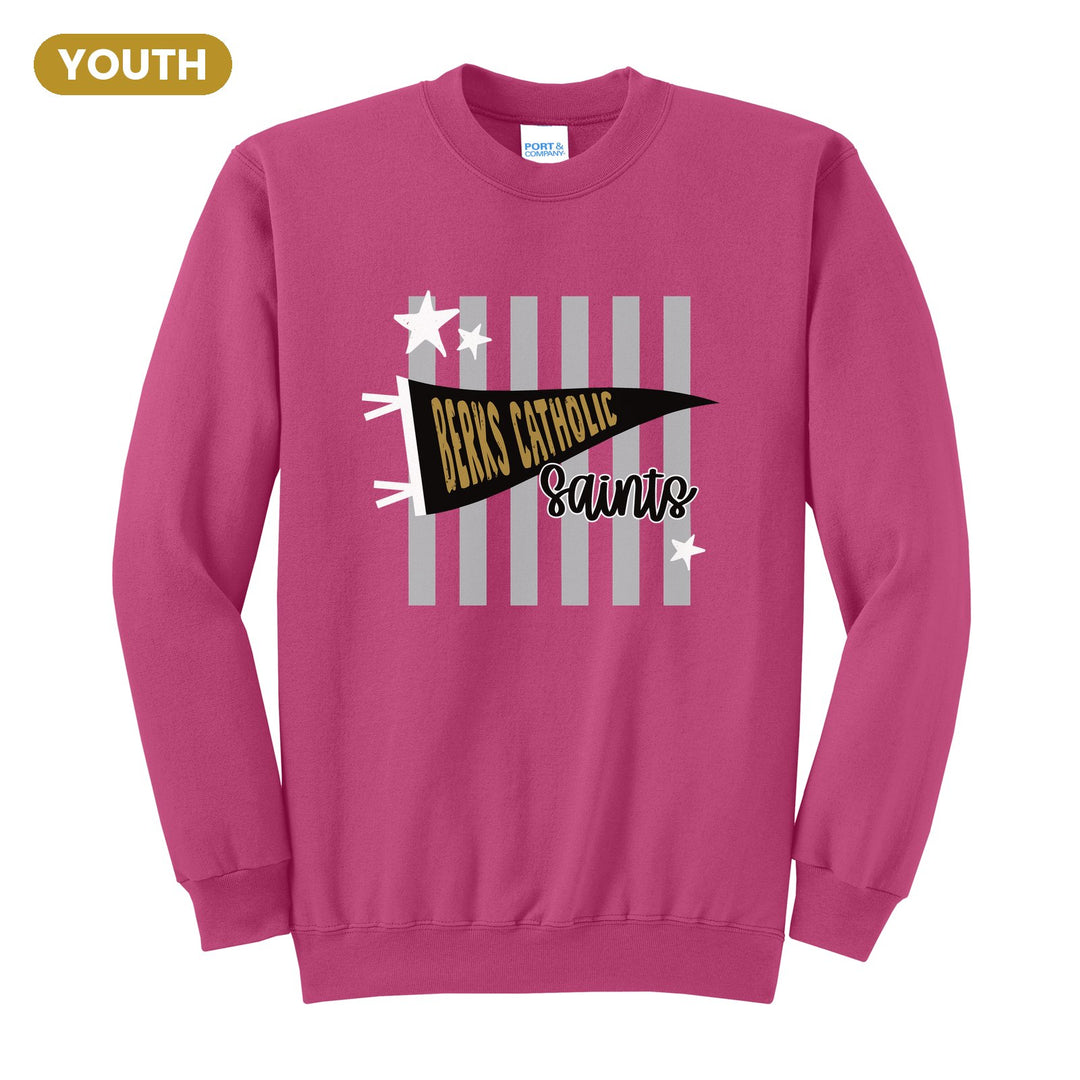 Berks Catholic Saints Pennant Stripes youth crewneck sweatshirt in Sangria: a Berks Catholic pennant and Saints script over grey stripes and stars