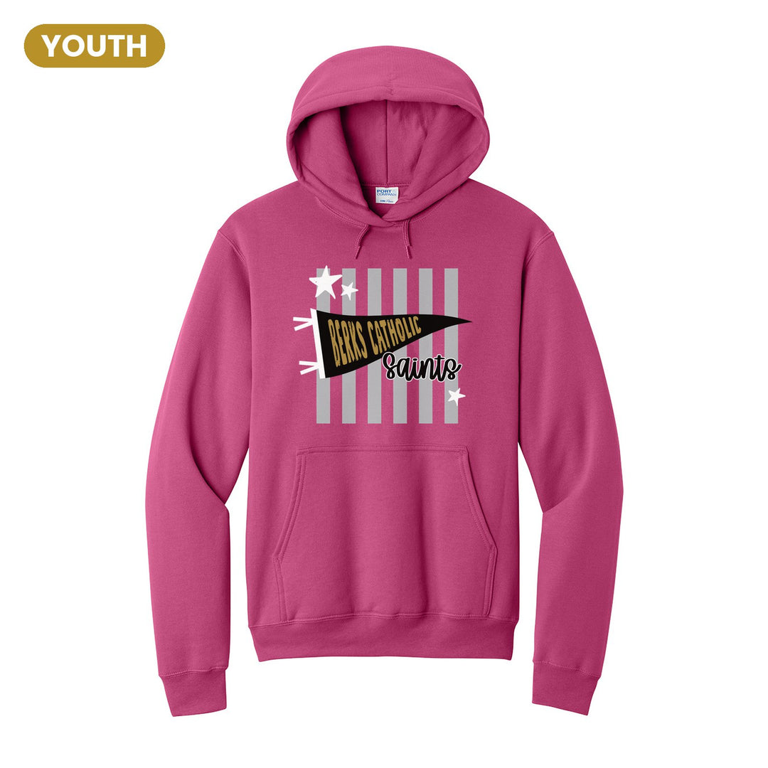 Berks Catholic Saints Pennant Stripes youth hoodie in Sangria: a Berks Catholic pennant and Saints script over grey stripes and stars