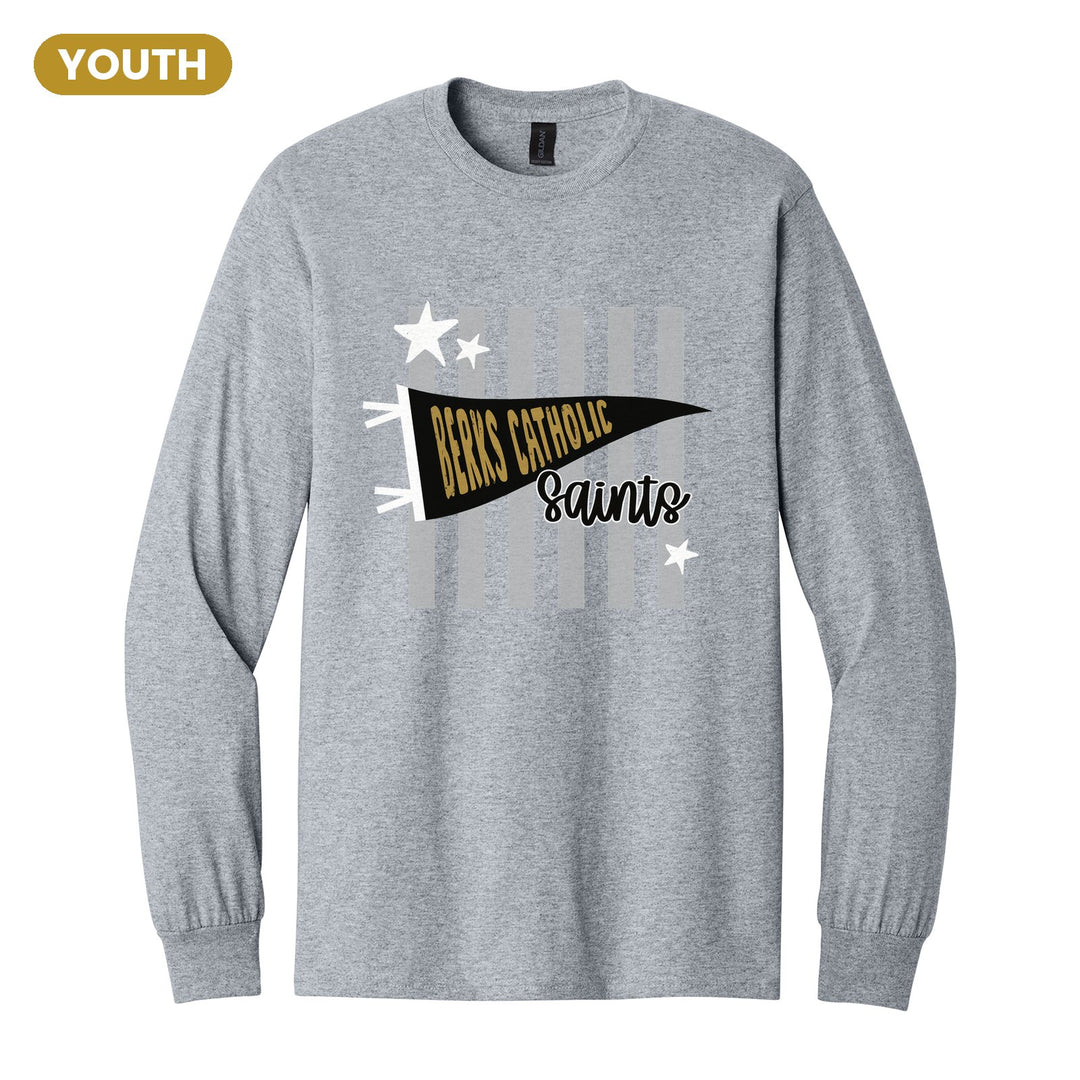 Berks Catholic Saints Pennant Stripes youth long sleeve t-shirt in Sport Grey: a Berks Catholic pennant and Saints script over grey stripes and stars