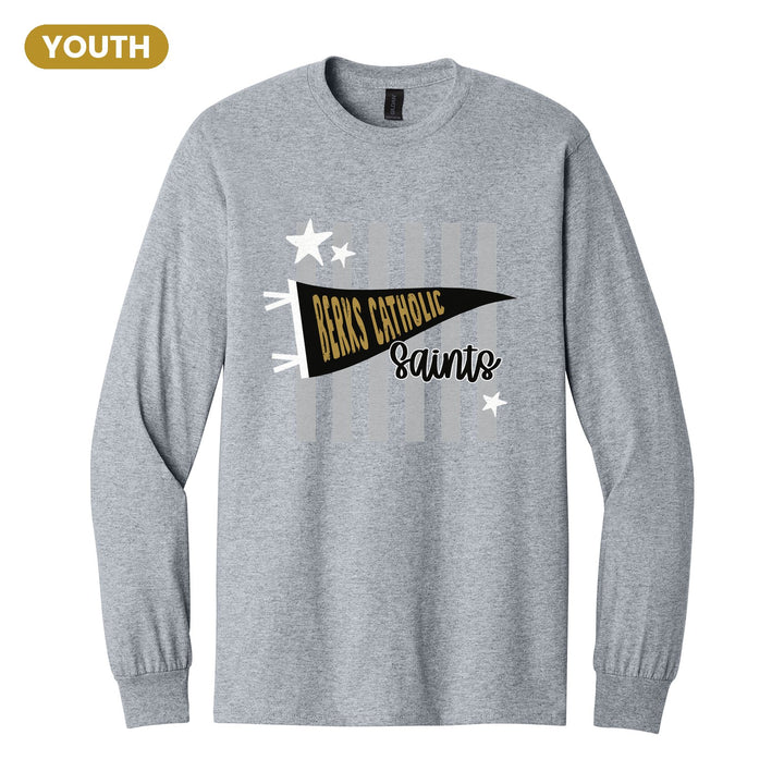 Berks Catholic Saints Pennant Stripes youth long sleeve t-shirt in Sport Grey: a Berks Catholic pennant and Saints script over grey stripes and stars