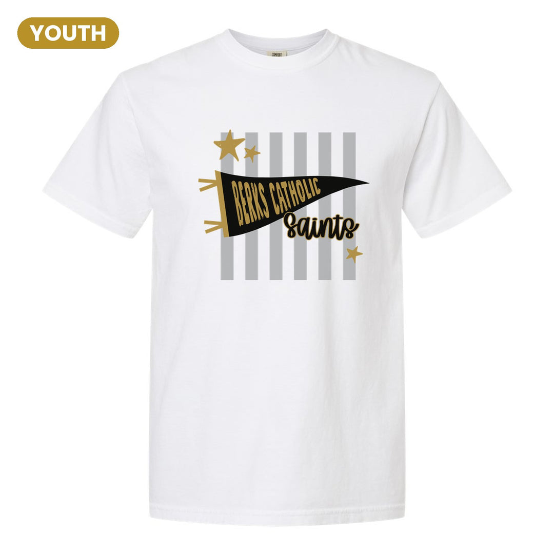 Berks Catholic Saints Pennant Stripes youth comfort colors t-shirt in White: a Berks Catholic pennant and Saints script over grey stripes and stars