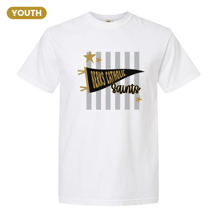 Berks Catholic Saints Pennant Stripes youth comfort colors t-shirt in White: a Berks Catholic pennant and Saints script over grey stripes and stars