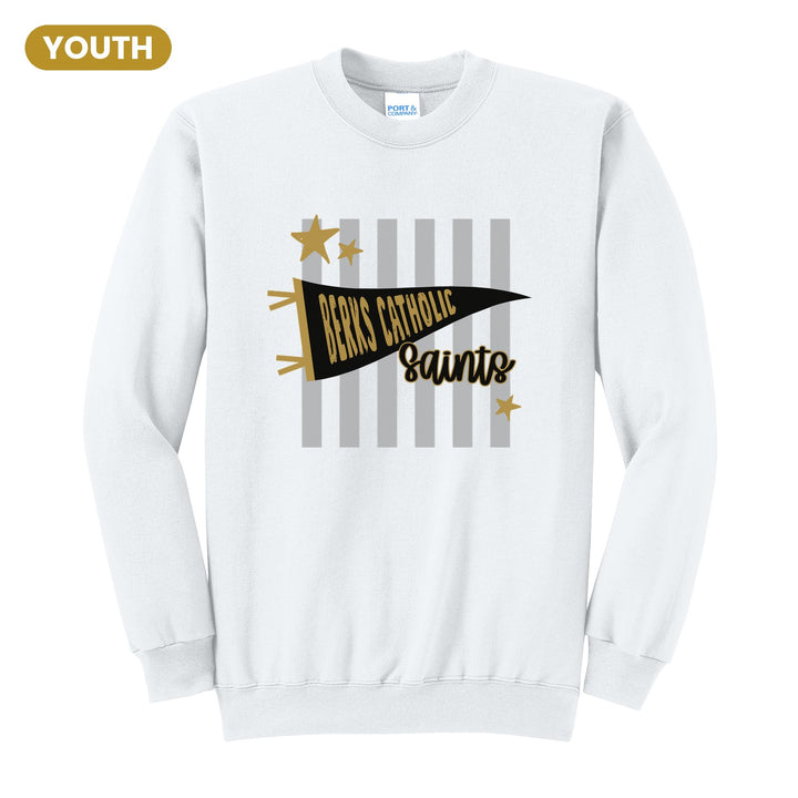 Berks Catholic Saints Pennant Stripes youth crewneck sweatshirt in White: a Berks Catholic pennant and Saints script over grey stripes and stars