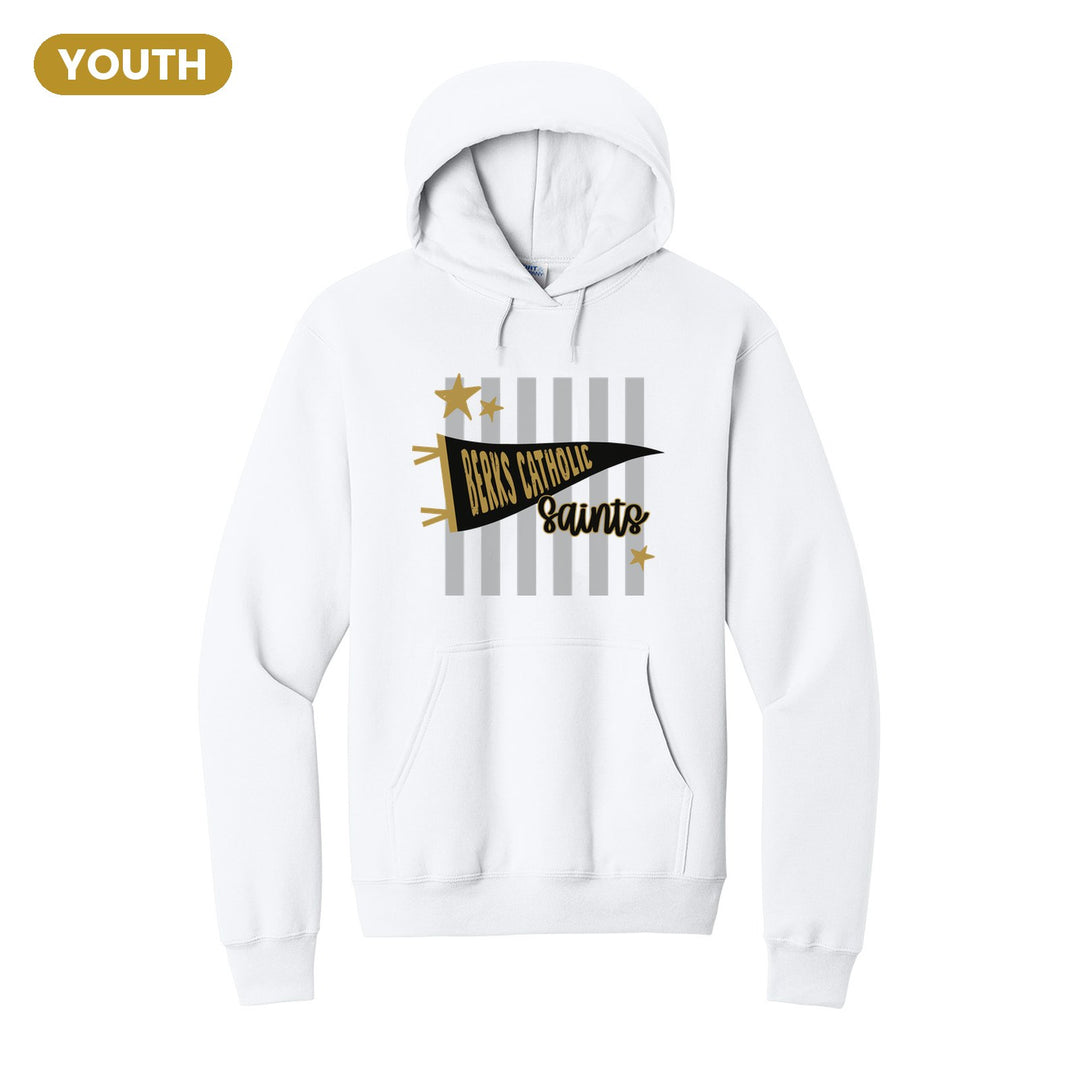 Berks Catholic Saints Pennant Stripes youth hoodie in White: a Berks Catholic pennant and Saints script over grey stripes and stars