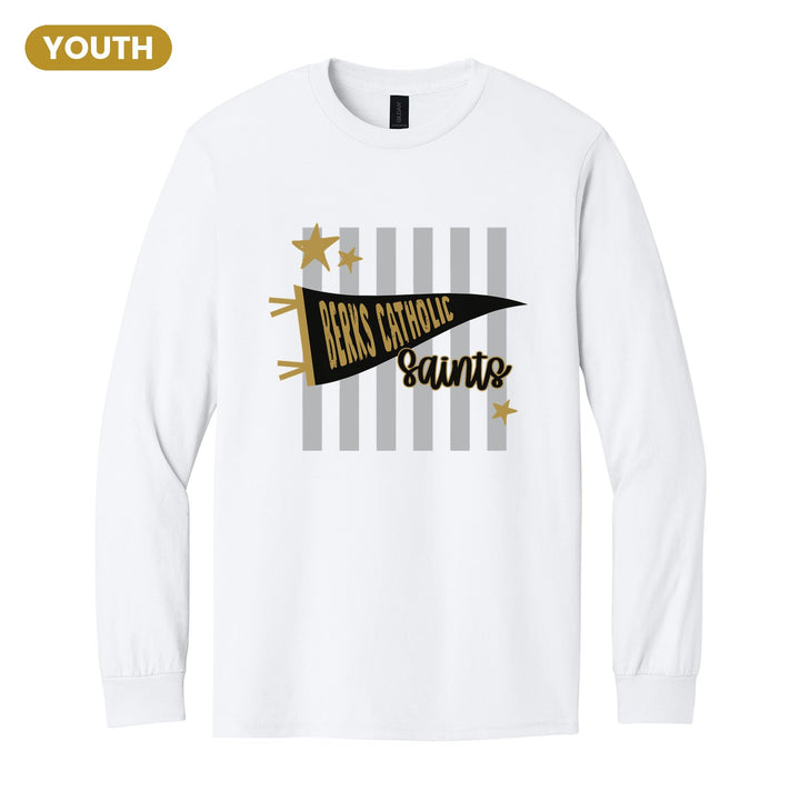 Berks Catholic Saints Pennant Stripes youth long sleeve t-shirt in White: a Berks Catholic pennant and Saints script over grey stripes and stars