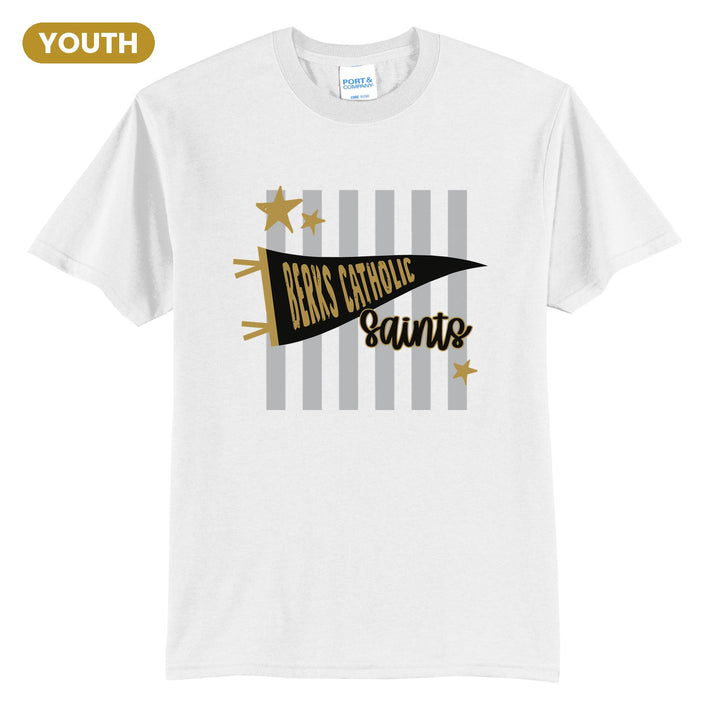 Berks Catholic Saints Pennant Stripes youth t-shirt in White: a Berks Catholic pennant and Saints script over grey stripes and stars