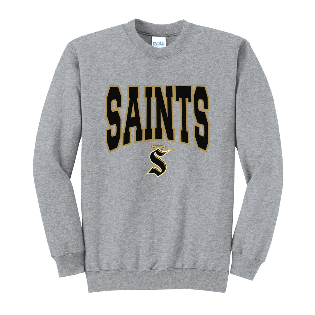 Berks Catholic Saints Varsity Block crewneck sweatshirt in Athletic Heather: big outlined varsity SAINTS lettering over the halo S