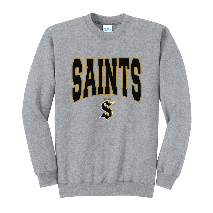 Berks Catholic Saints Varsity Block crewneck sweatshirt in Athletic Heather: big outlined varsity SAINTS lettering over the halo S