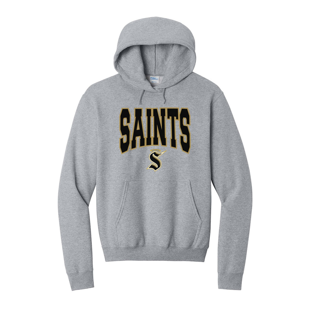 Berks Catholic Saints Varsity Block hoodie in Athletic Heather: big outlined varsity SAINTS lettering over the halo S