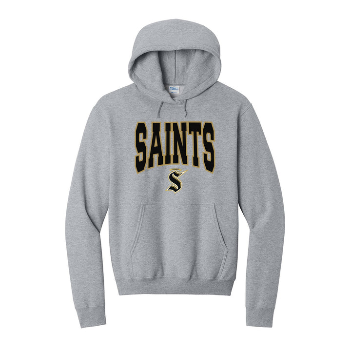 Berks Catholic Saints Varsity Block hoodie in Athletic Heather: big outlined varsity SAINTS lettering over the halo S