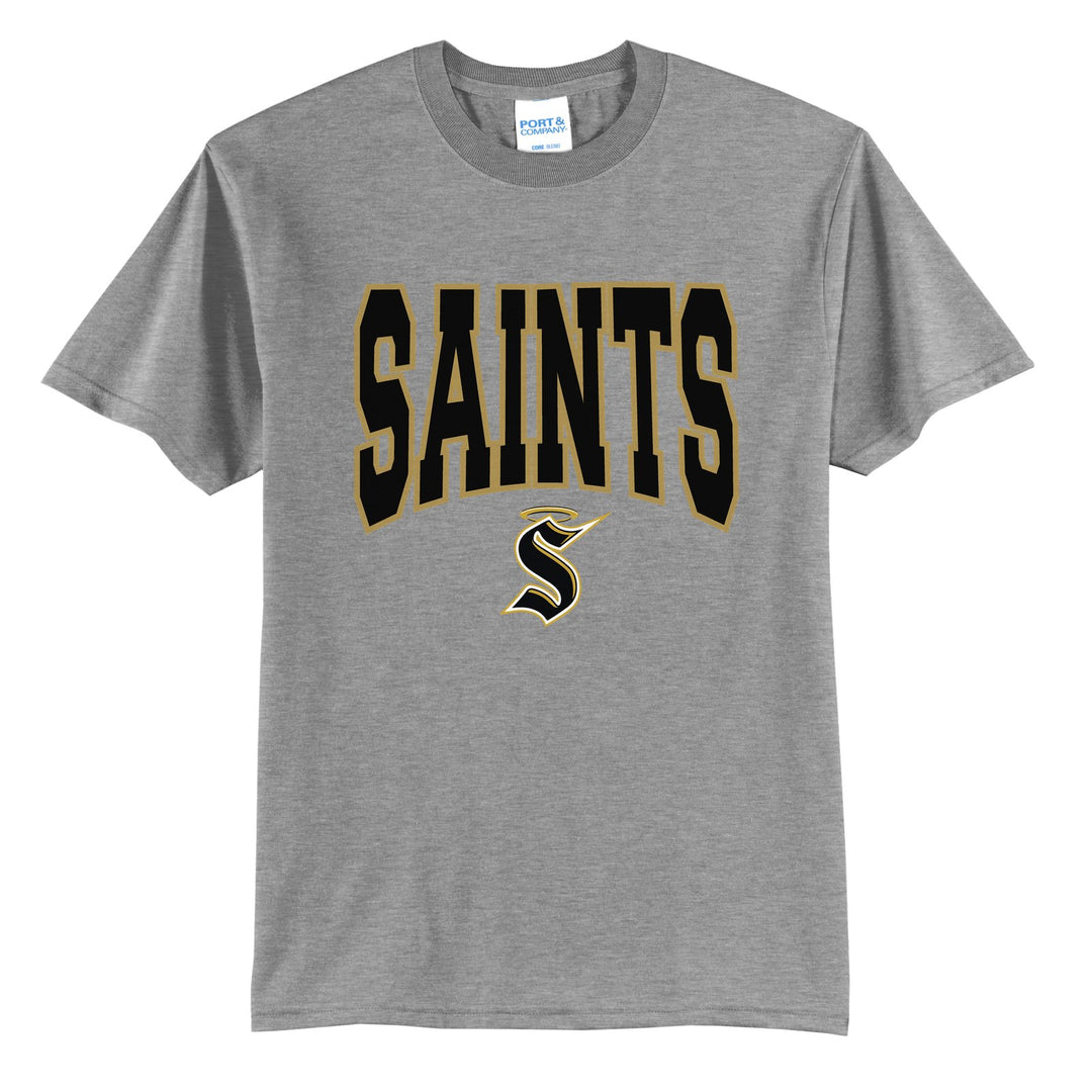 Berks Catholic Saints Varsity Block t-shirt in Athletic Heather: big outlined varsity SAINTS lettering over the halo S